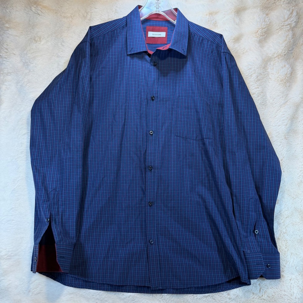Bertini Mens XL Navy Blue Red Grid Check Button Down Shirt‎ Cotton Viscose Blend